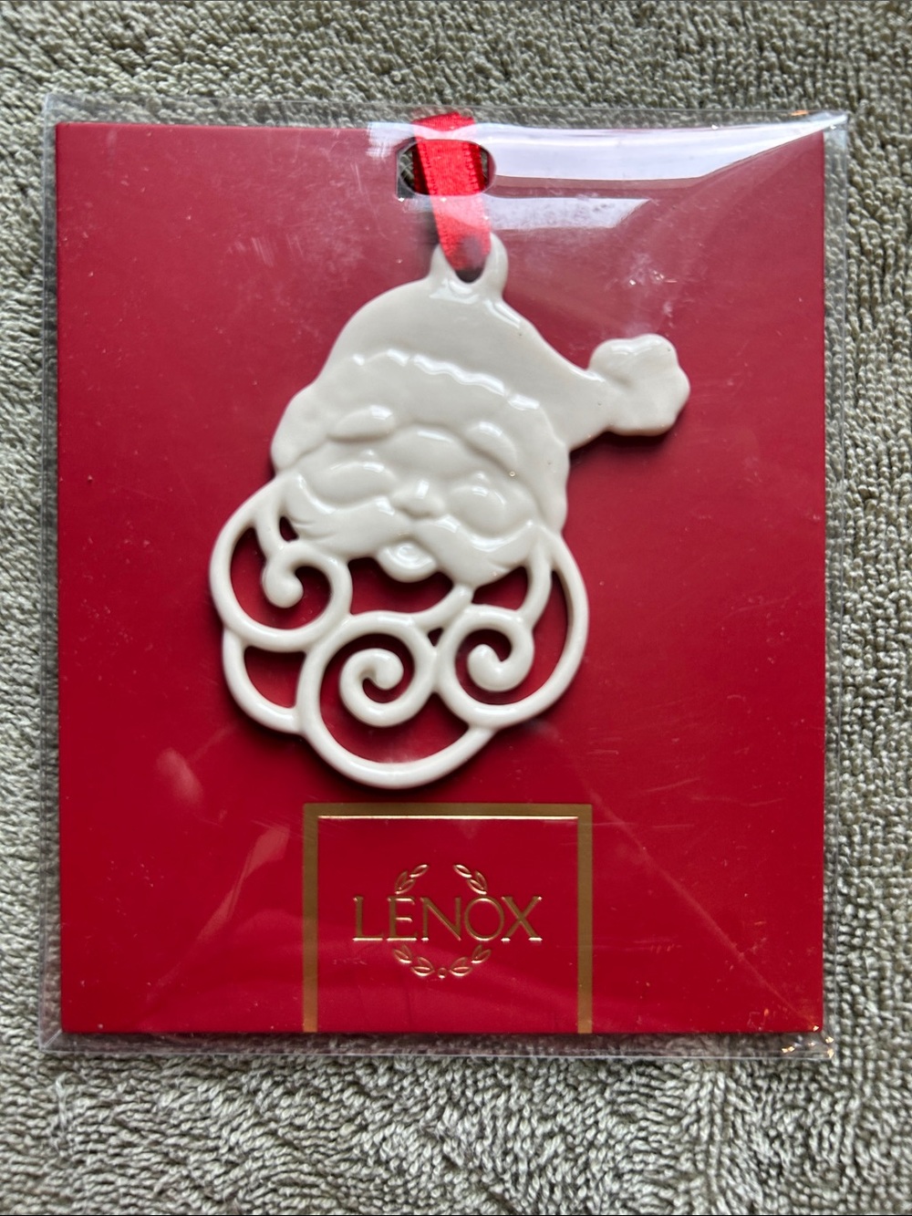 Lenox White Ceramic Santa Face Ornament with Red Ribbon
